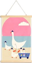 JUNIQE - Posterhanger Geese on Vacation -40x60 /Blauw & Roze