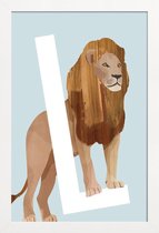 JUNIQE - Poster in houten lijst L Lion -20x30 /Blauw & Bruin