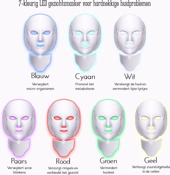 GLENNA® LED Gezichtsmasker - 7 Kleuren - Huidverzorging - Lichttherapie - Mesotherapie - Huidverjonging - Acne verzorging - Anti rimpel - Anti age - Photon LED Mask - GLENNA