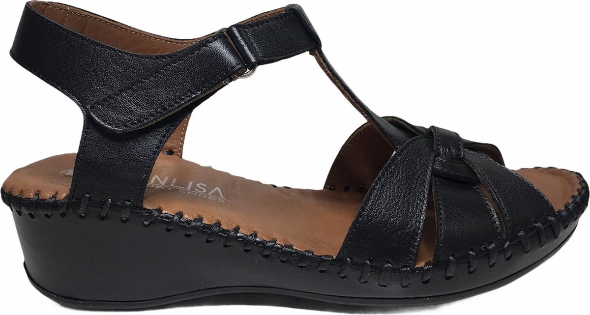 Manlisa velcro 5 cm sleehak lederen comfort sandalen S147-20-1915 zwart