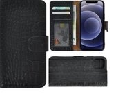 Geschikt voor iPhone 11 Hoesje Leder Wallet Bookcase Pearlycase Echt Leer hoesje Croco ZwartGeschikt voor