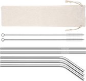 Stalen rvs rietjes herbruikbaar - set 5 stuks lengte 21,5cm (3 recht en 2 gebogen) incl. 2 schoonmaakborsteltjes - stijlvol en duurzaam - een bewust keuze voor het milieu - zero wa