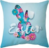 Sierkussen kussenhoesje Pasen | blauw met bloemen | Happy Easter | paashaas | 45 x 45 cm