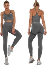 Peachy® Sportlegging dames met Top - Yoga - Fitness set - Scrunch Butt - Dames Legging - Sportkleding - Fashion legging - Broeken - Gym Sports - Legging Fitness Wear - Grijs - maat