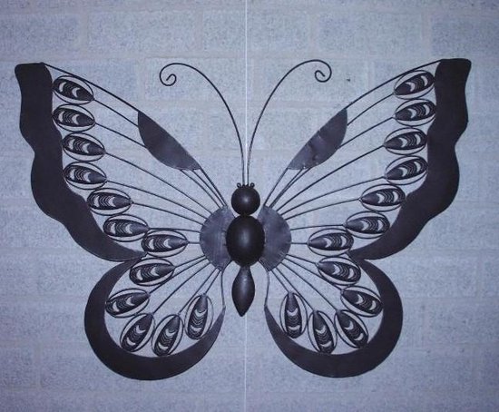 Grande décoration murale en métal papillon en noir argenté marron-orange mixte - 90 x 62 cm