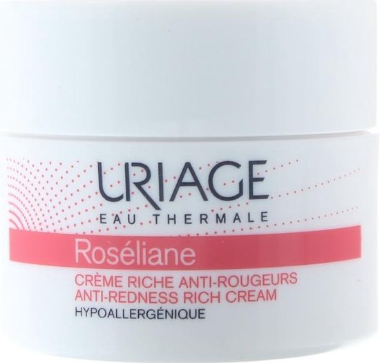 Uriage Roséliane Crème pot met roze band en stippen.