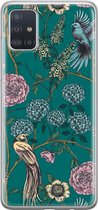 Samsung Galaxy A71 siliconen hoesje - Vogels Japanse bloemen - Soft Case Telefoonhoesje - Blauw - Bloemen