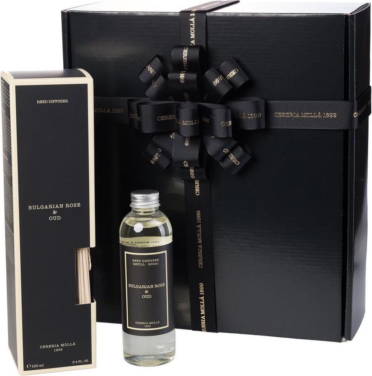 Cereria Molla 1899 - Giftset Cadeau Box doos geschenken set Mikado Geurstokjes Premium 100ml met Refill 200 ml Bulgarian Rose & Oud Ideaal cadeau Verjaardag