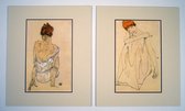 Perfecte set van 2 Posters in dubbel passe-partout -  Egon Schiele - Die Tanzerin & Zittende Vrouw, op the Rug - Kunst  -2x 50 x 60 cm