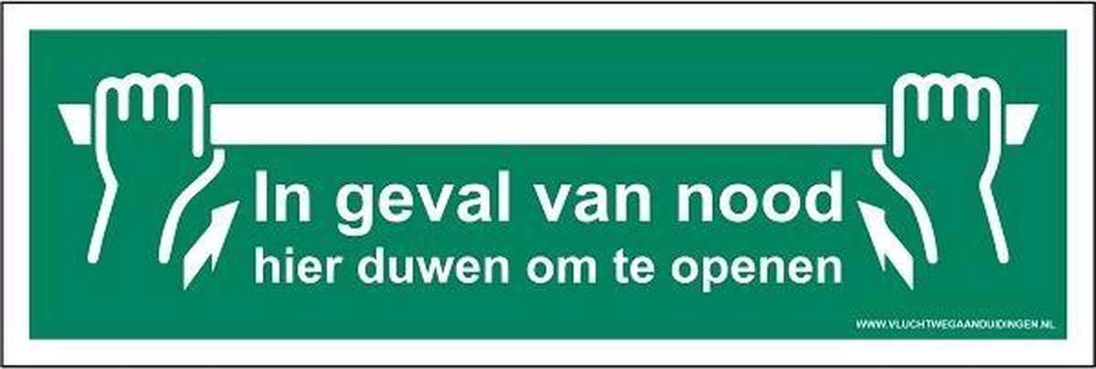 In geval van nood - hier duwen om te openen - 300 x 100 mm - evacuatie pictogram - nalichtend - sticker - veiligheidssticker