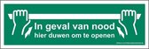 In geval van nood - hier duwen om te openen - 300 x 100 mm - evacuatie pictogram - nalichtend - sticker - veiligheidssticker