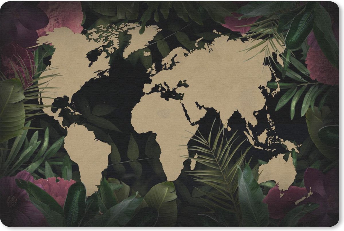 Muismat WereldkaartenKerst illustraties - Zandkleurige wereldkaart op zwarte achtergrond versierd met tropische bloemen en bladeren muismat rubber - 60x40 cm - Muismat met foto