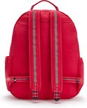 Dos d'un sac à dos Kipling rouge avec deux sangles grises rayées et des boucles.