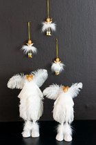 Kerstversiering - Grote Staande Kerst Engel - Wit met Veren - 34 cm hoog