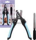Een set nagelknippers voor huisdieren met een nagelvijl, verpakt op een kaart met een hond en een kat.