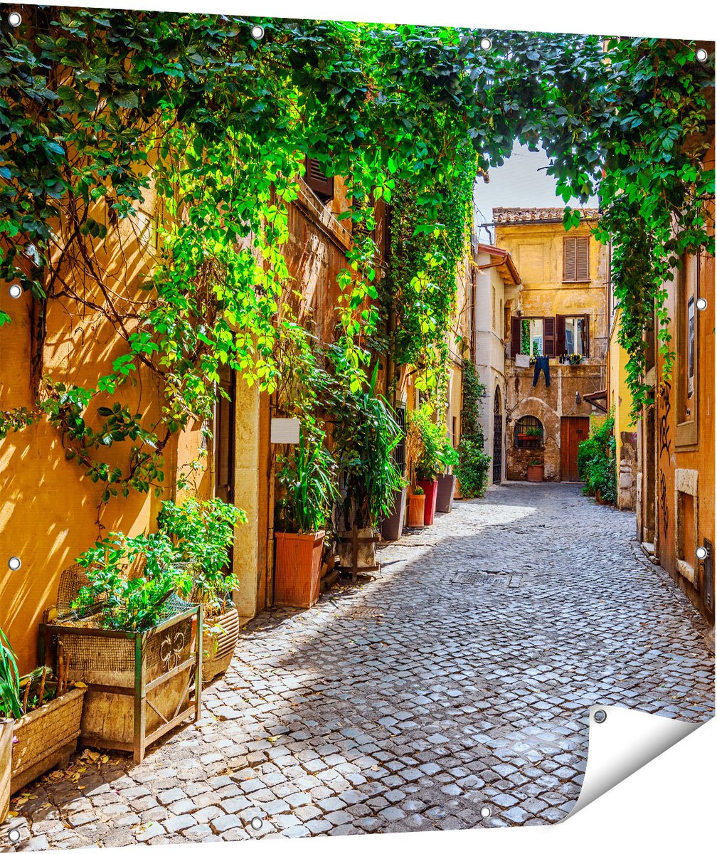 Gards Tuinposter Straatje in Rome met Groene Planten - 110x110 cm - Tuindoek - Tuindecoratie - Wanddecoratie buiten - Tuinschilderij Multikleur