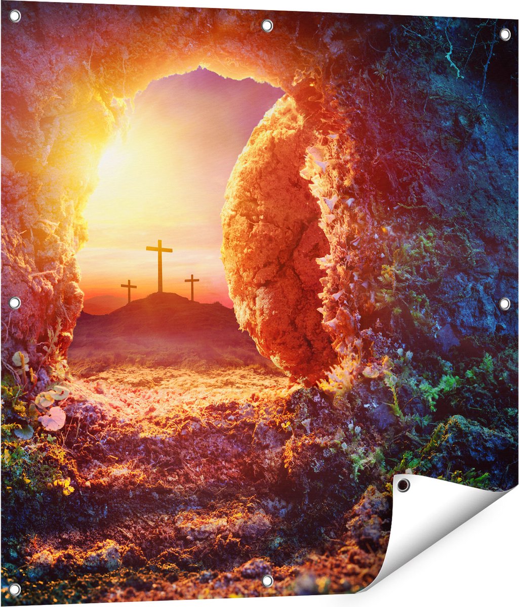 Gards Tuinposter Kruisiging bij Zonsopgang - Opstanding Jezus - 80x80 cm - Tuindoek - Tuindecoratie - Wanddecoratie buiten - Tuinschilderij Multikleur