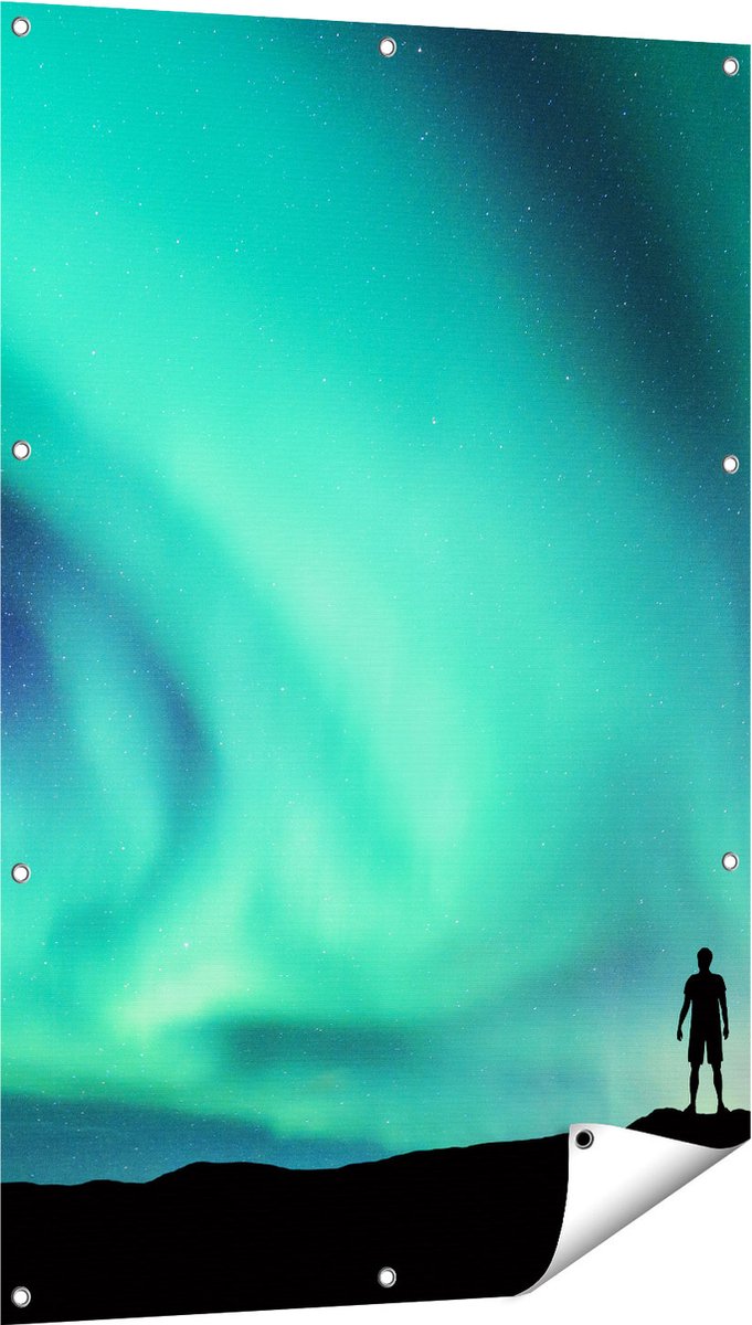 Gards Tuinposter Man bij het Groene Noorderlicht - 80x120 cm - Tuindoek - Tuindecoratie - Wanddecoratie buiten - Tuinschilderij Multikleur