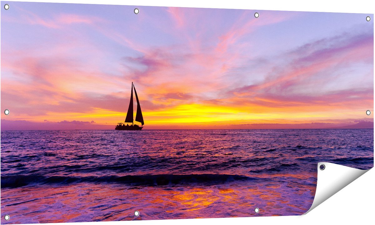 Gards Tuinposter Zeilboot Silhouet bij Zonsondergang - 140x70 cm - Tuindoek - Tuindecoratie - Wanddecoratie buiten - Tuinschilderij Multikleur