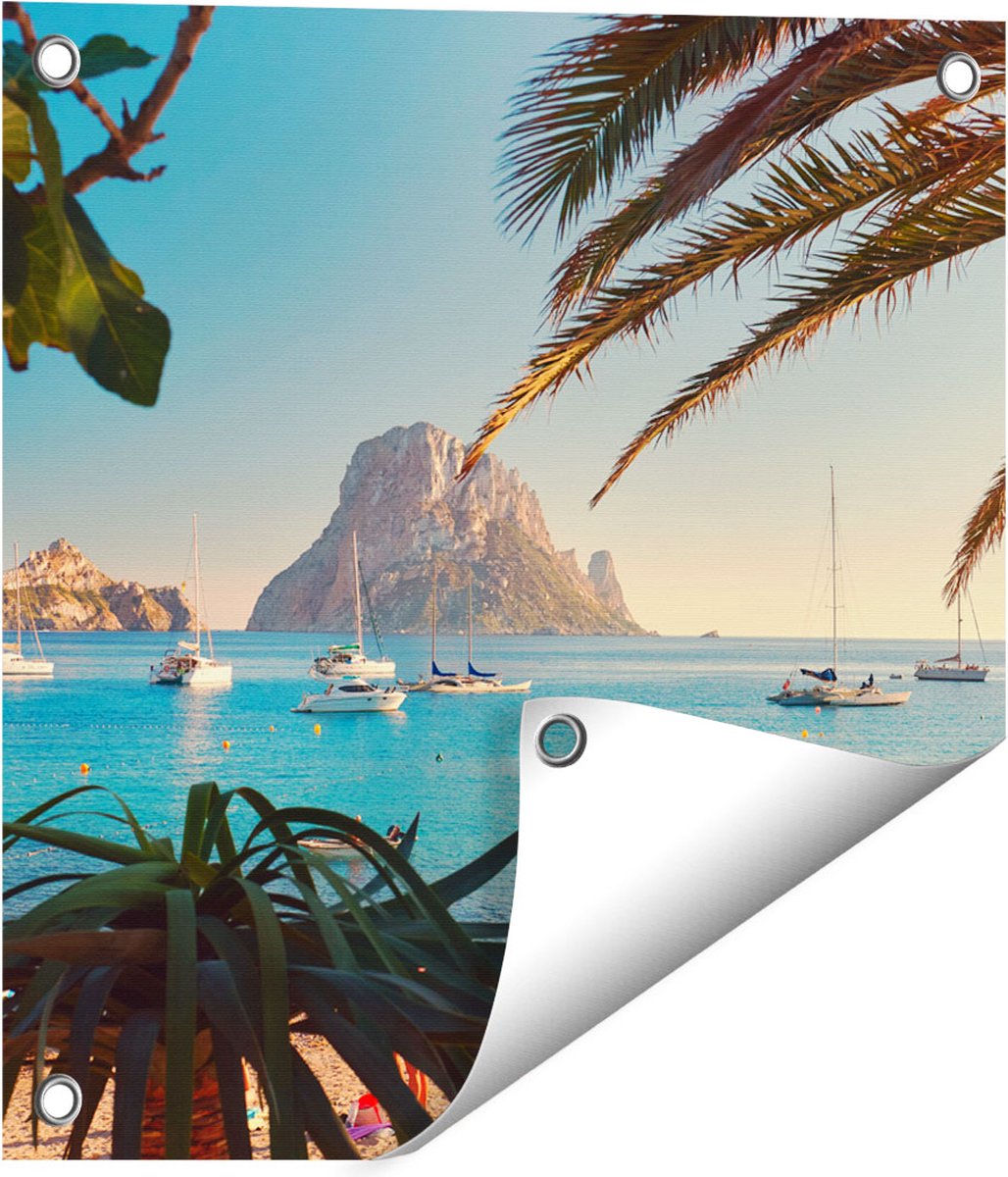 Gards Tuinposter Ibiza Cala d'Hort Strand - 40x40 cm - Tuindoek - Tuindecoratie - Wanddecoratie buiten - Tuinschilderij Multikleur