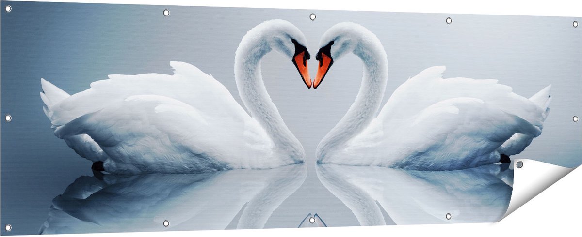 Gards Tuinposter Twee Zwanen in een Hart Vorm - 180x60 cm - Tuindoek - Tuindecoratie - Wanddecoratie buiten - Tuinschilderij Multikleur