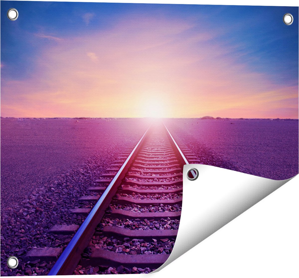 Gards Tuinposter Rails Spoorweg in de Woestijn bij Zonondergang - 50x40 cm - Tuindoek - Tuindecoratie - Wanddecoratie buiten - Tuinschilderij Multikleur