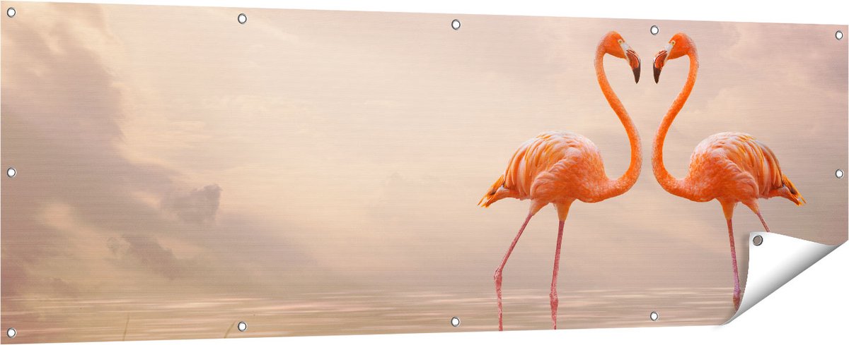 Gards Tuinposter Twee Flamingo's in een Hartjes Vorm - 180x60 cm - Tuindoek - Tuindecoratie - Wanddecoratie buiten - Tuinschilderij Multikleur