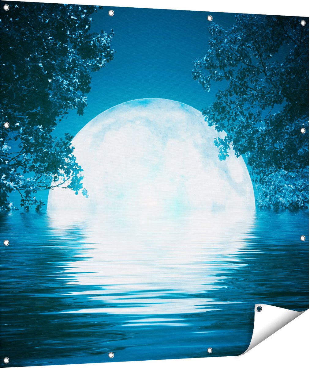 Gards Tuinposter Volle Maan in het Water - 110x110 cm - Tuindoek - Tuindecoratie - Wanddecoratie buiten - Tuinschilderij Multikleur