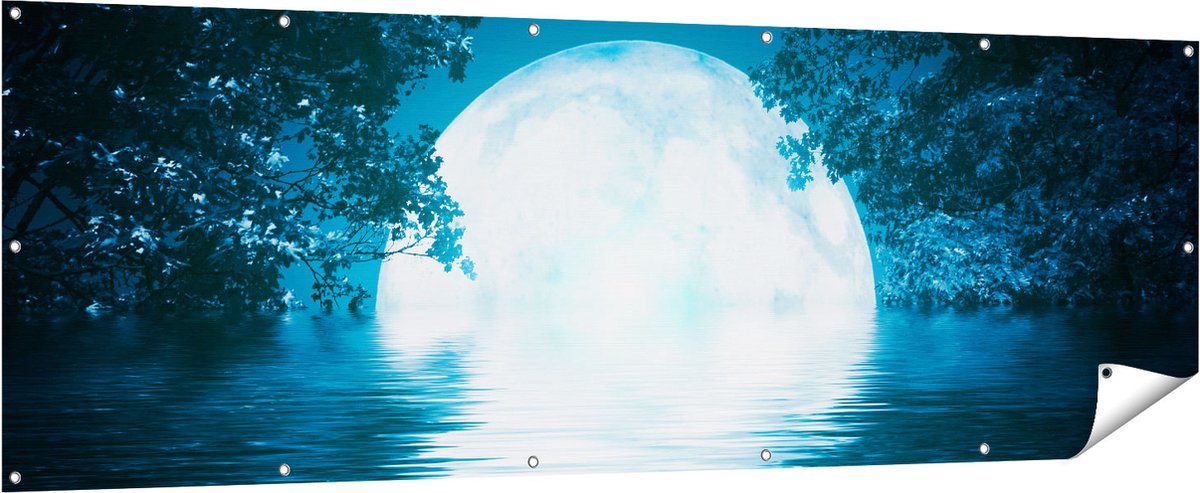 Gards Tuinposter Volle Maan in het Water - 210x70 cm - Tuindoek - Tuindecoratie - Wanddecoratie buiten - Tuinschilderij Multikleur