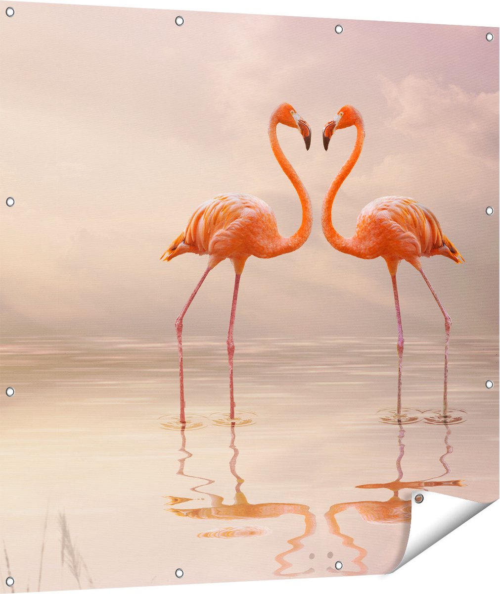 Gards Tuinposter Twee Flamingo's in een Hartjes Vorm - 110x110 cm - Tuindoek - Tuindecoratie - Wanddecoratie buiten - Tuinschilderij Multikleur