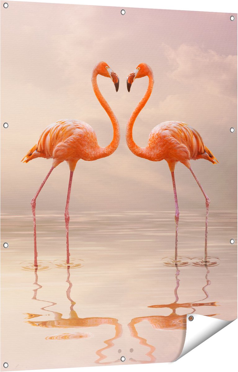 Gards Tuinposter Twee Flamingo's in een Hartjes Vorm - 90x120 cm - Tuindoek - Tuindecoratie - Wanddecoratie buiten - Tuinschilderij Multikleur