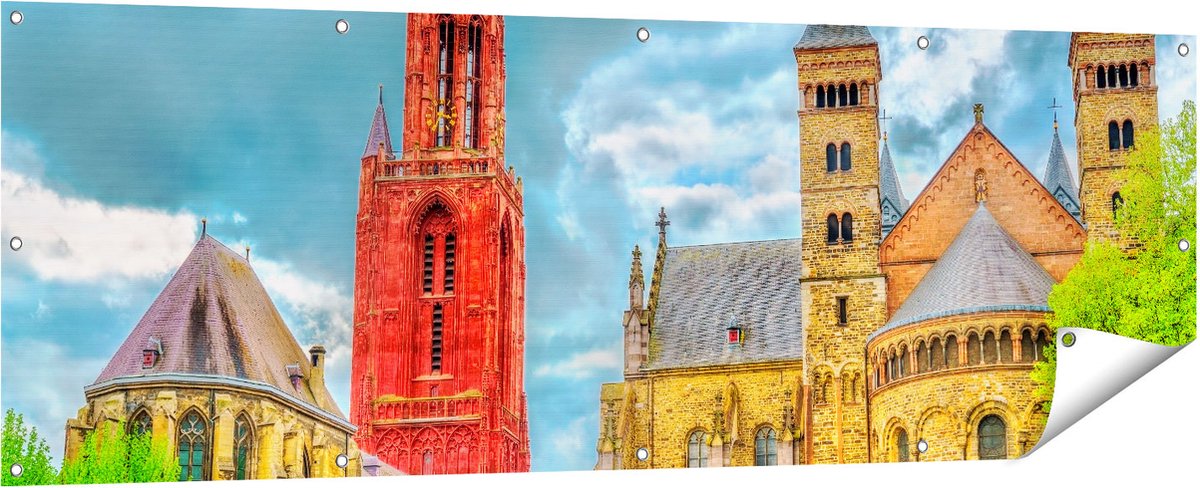Gards Tuinposter Basiliek van Sint Servaas in Maastricht - 180x60 cm - Tuindoek - Tuindecoratie - Wanddecoratie buiten - Tuinschilderij Multikleur