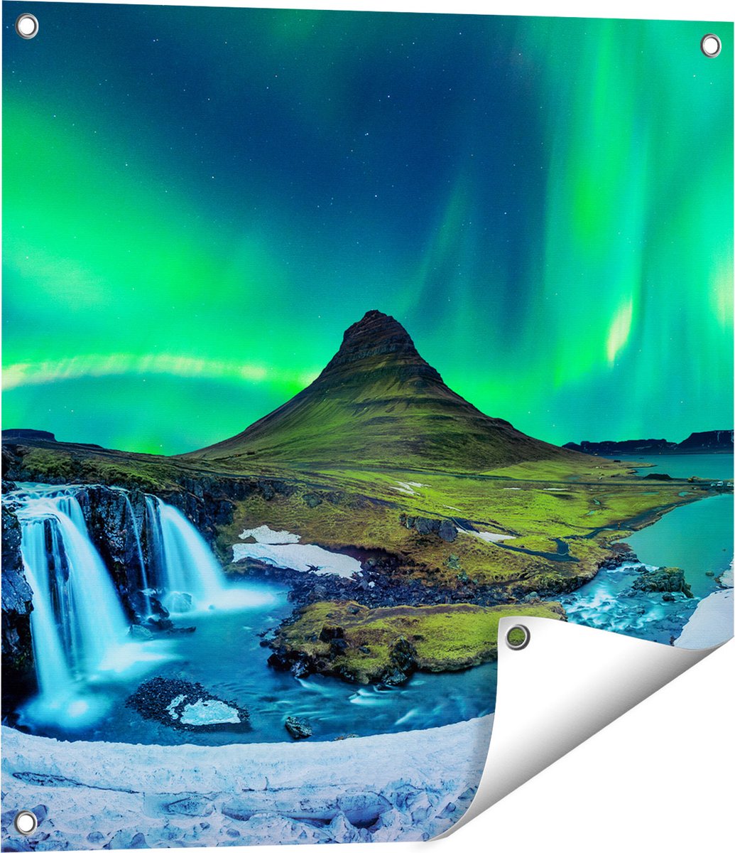 Gards Tuinposter Noorderlicht bij de Watervallen in IJsland - 60x60 cm - Tuindoek - Tuindecoratie - Wanddecoratie buiten - Tuinschilderij Multikleur
