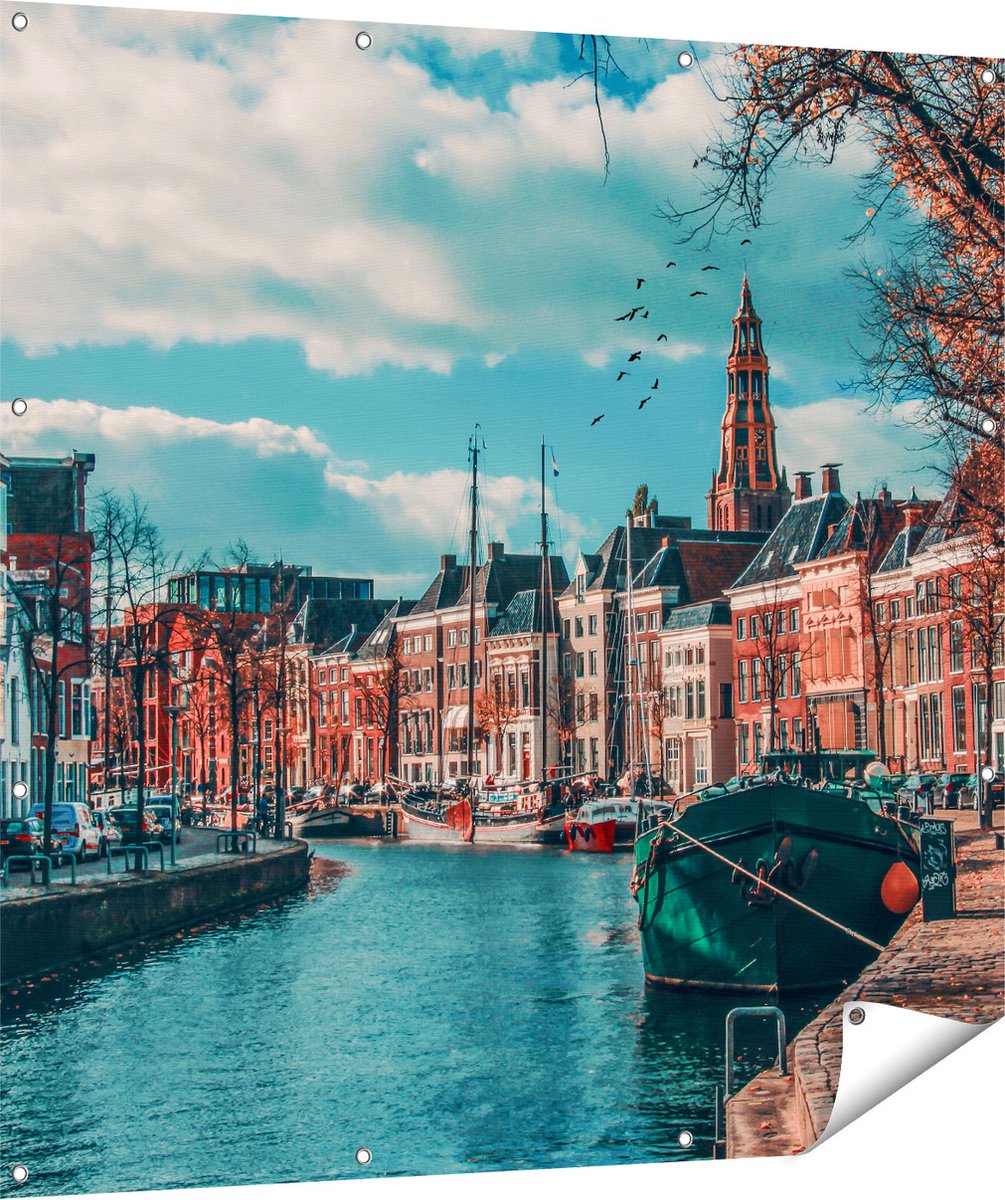 Gards Tuinposter Gracht in Groningen - 120x120 cm - Tuindoek - Tuindecoratie - Wanddecoratie buiten - Tuinschilderij Multikleur