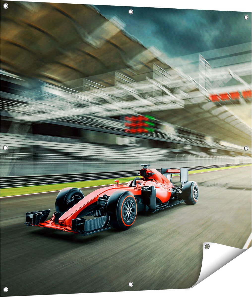 Gards Tuinposter Formule 1 Auto bij de Finish in het Rood - 100x100 cm - Tuindoek - Tuindecoratie - Wanddecoratie buiten - Tuinschilderij Multikleur