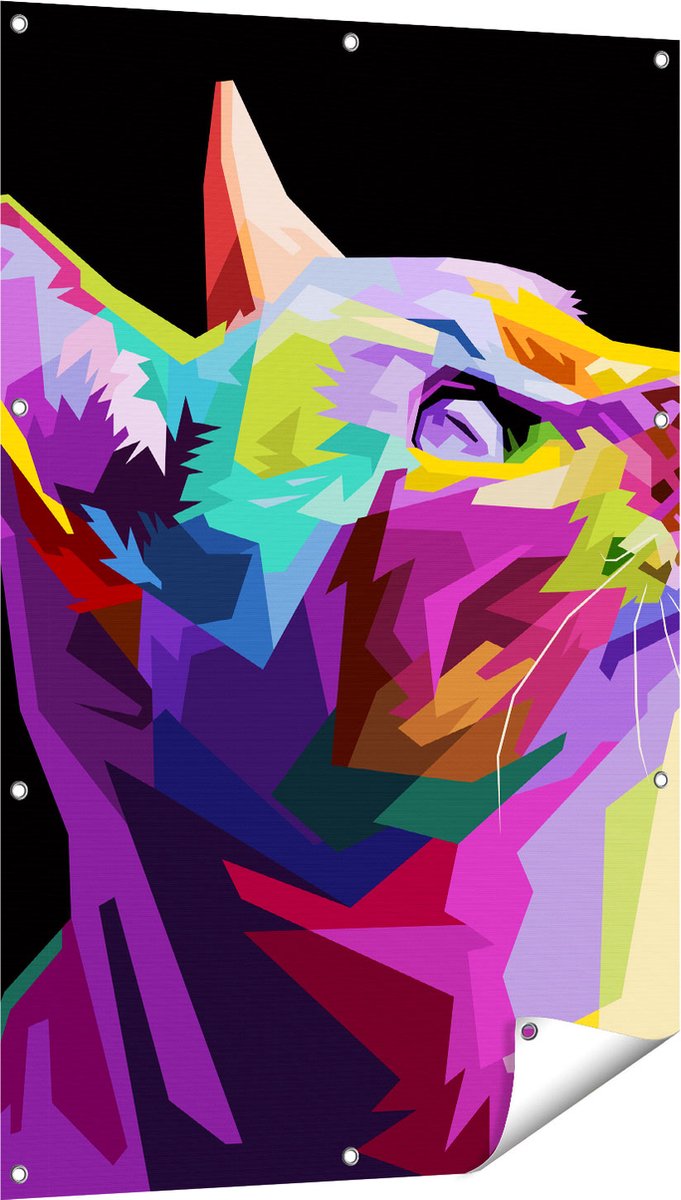 Gards Tuinposter Kleurrijke Kat Kijkt naar Boven - Abstract - 80x120 cm - Tuindoek - Tuindecoratie - Wanddecoratie buiten - Tuinschilderij Multikleur