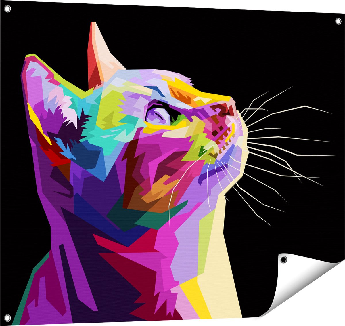 Gards Tuinposter Kleurrijke Kat Kijkt naar Boven - Abstract - 100x80 cm - Tuindoek - Tuindecoratie - Wanddecoratie buiten - Tuinschilderij Multikleur