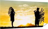 Gards Tuinposter Twee Silhouetten van Indianen bij Zonsondergang - 200x100 cm - Tuindoek - Tuindecoratie - Wanddecoratie buiten - Tuinschilderij