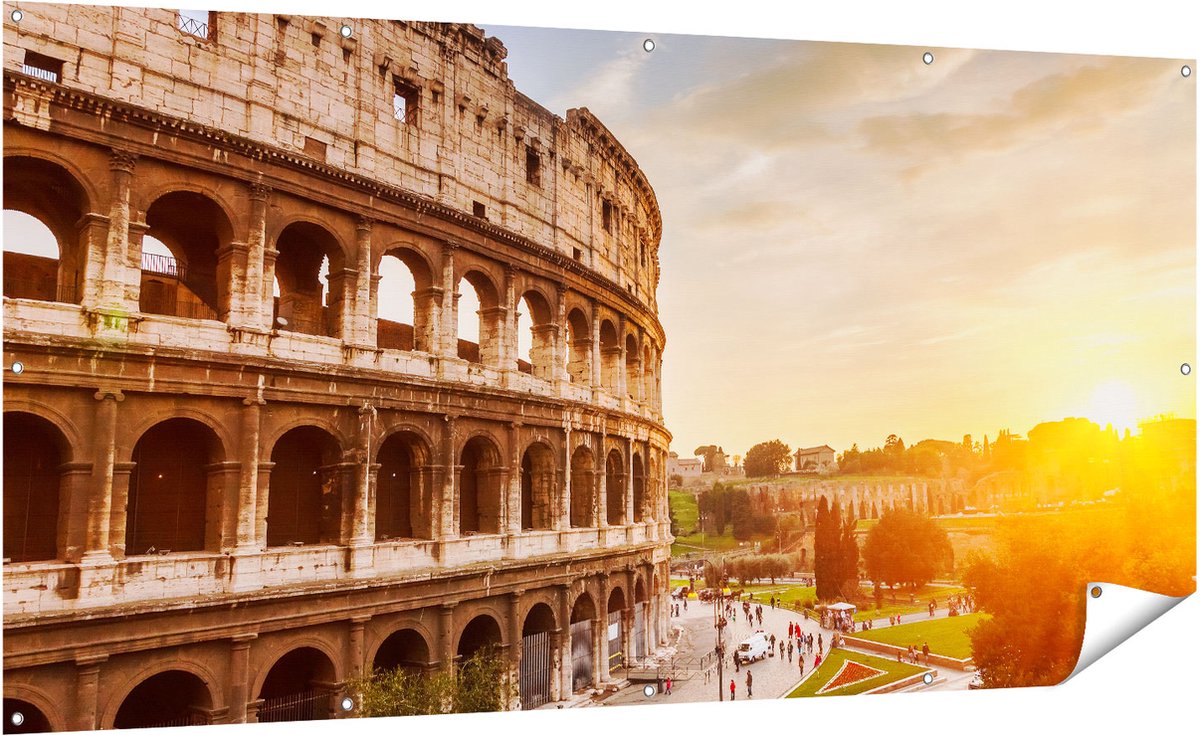 Gards Tuinposter Colosseum bij Zonsondergang in Ital�e - 200x100 cm - Tuindoek - Tuindecoratie - Wanddecoratie buiten - Tuinschilderij Multikleur