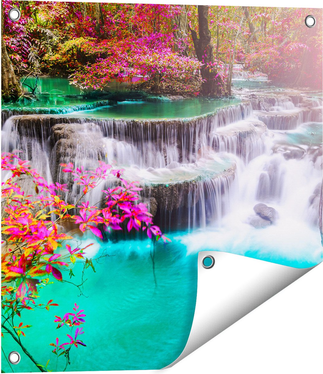 Gards Tuinposter Waterval in de Herfst met Kleurrijke Bloemen - 50x50 cm - Tuindoek - Tuindecoratie - Wanddecoratie buiten - Tuinschilderij Multikleur