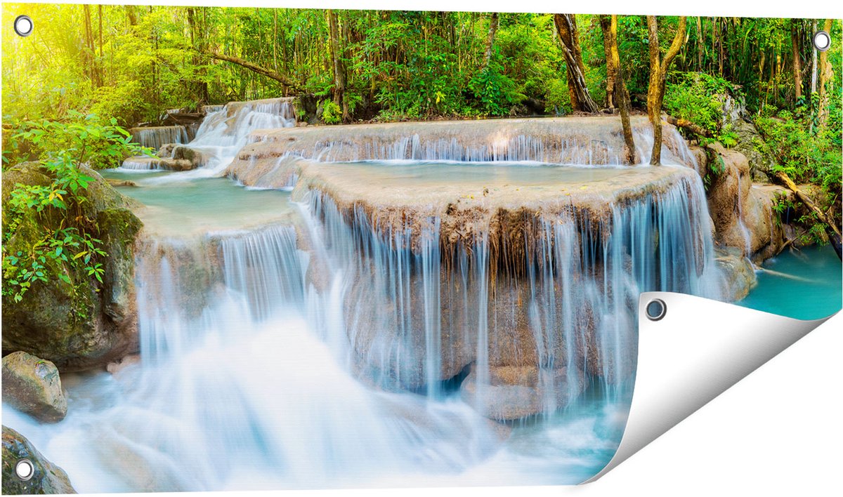 Gards Tuinposter Waterval in het Bos in Thailand - 80x40 cm - Tuindoek - Tuindecoratie - Wanddecoratie buiten - Tuinschilderij Multikleur