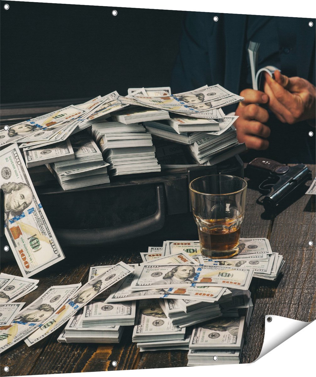 Gards Tuinposter Dollar Geld Briefjes op Tafel van de Maffia - 120x120 cm - Tuindoek - Tuindecoratie - Wanddecoratie buiten - Tuinschilderij Multikleur