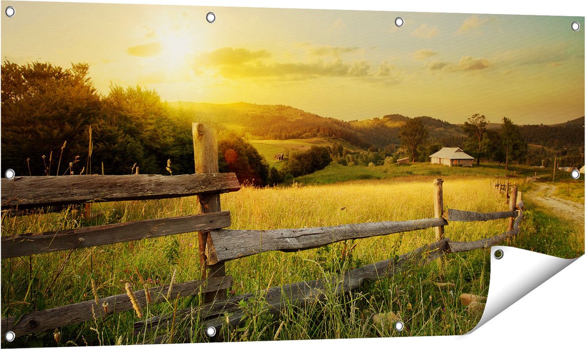 Gards Tuinposter Boerderij Hekken op het Grasveld - 120x60 cm - Tuindoek - Tuindecoratie - Wanddecoratie buiten - Tuinschilderij Multikleur