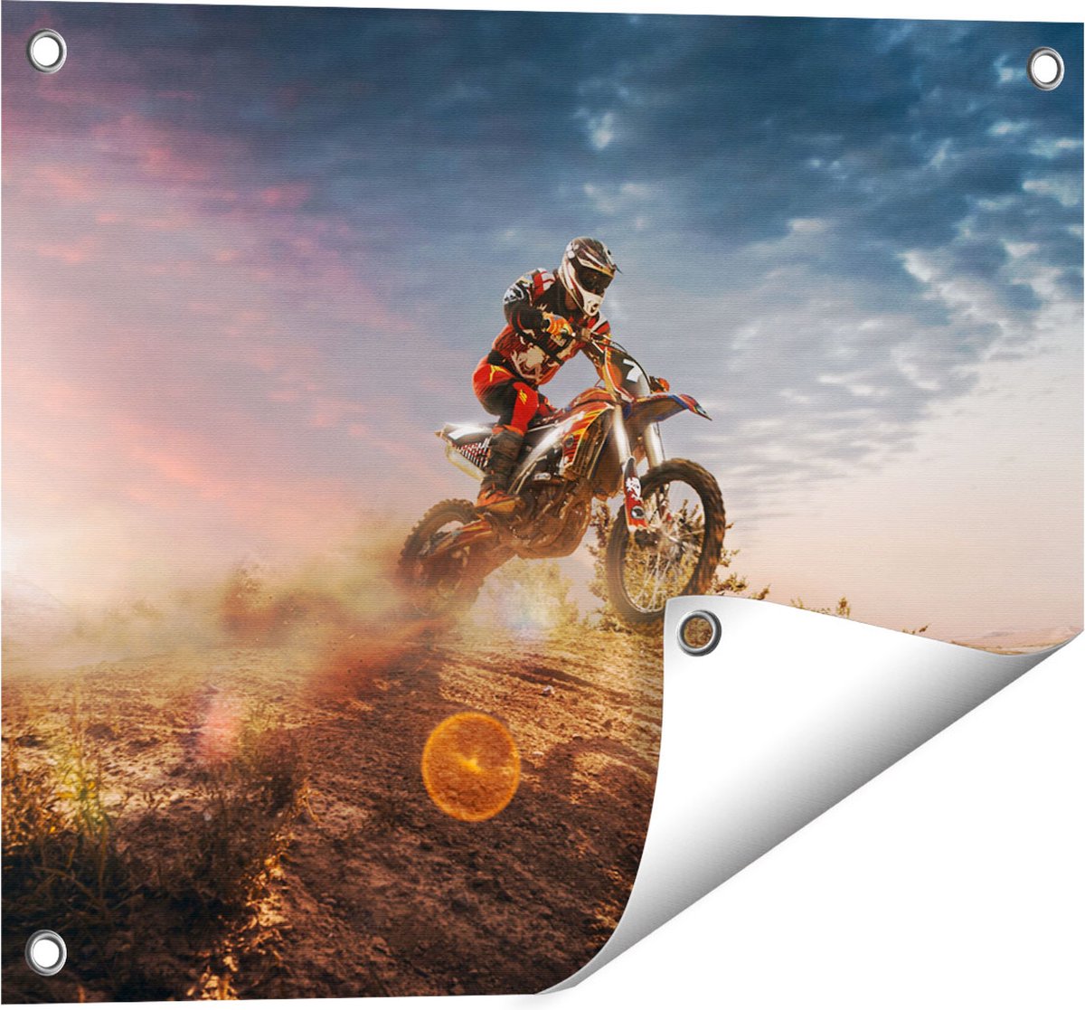 Gards Tuinposter Motorcross op een Heuvel bij Zonsondergang - 50x40 cm - Tuindoek - Tuindecoratie - Wanddecoratie buiten - Tuinschilderij Multikleur