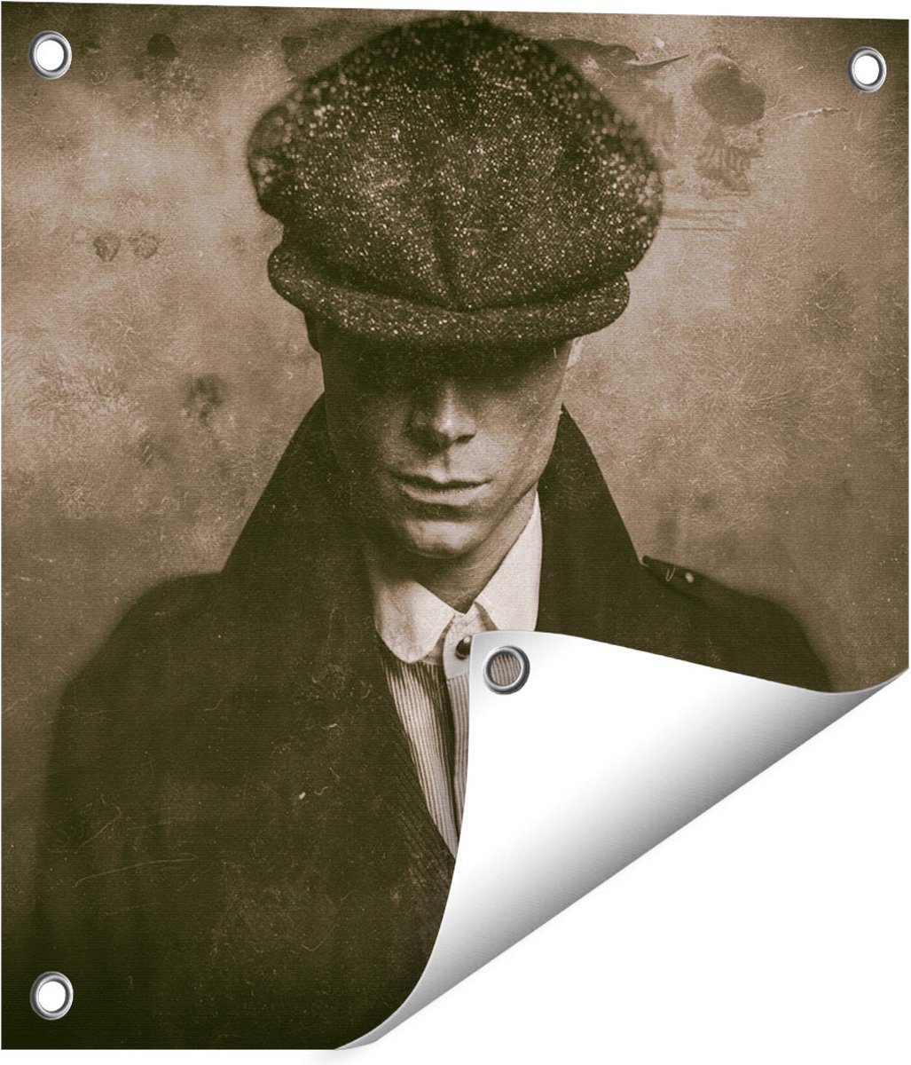 Gards Tuinposter Engelse Gangster uit Jaren 1920 - Zwart Wit - 40x40 cm - Tuindoek - Tuindecoratie - Wanddecoratie buiten - Tuinschilderij Multikleur