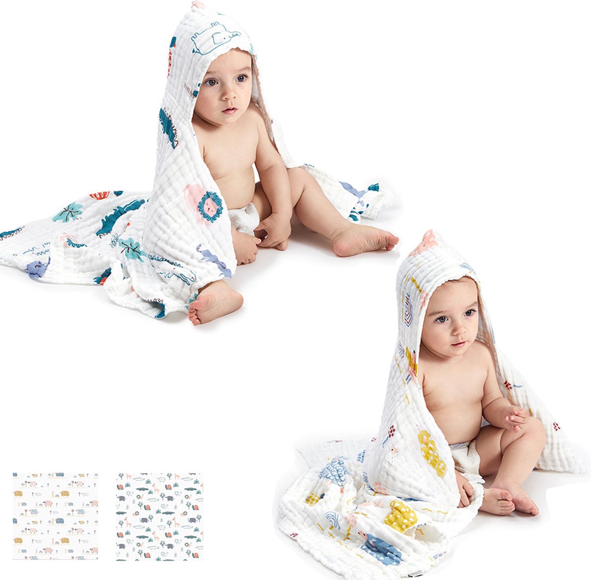BC Babycare Baby Badjas - 100% katoen - 95 x 95 cm - Badcape Baby - 2 Babyhanddoeken met Kap, Bos & Schaap - Strandhanddoek - Badponcho - Poncho Handdoek
