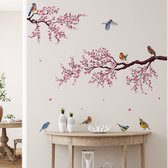 Stickerkamer® - Muursticker - Bloesem tak met vogels - Muurdecoratie - Wanddecoratie - Woonkamer - Slaapkamer - Boom - Natuur - Roze