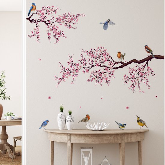 Stickerkamer® - Muursticker - Branche fleurie avec oiseaux - Décoration murale - Décoration murale - Salon - Chambre à coucher - Arbre - Nature - Rose