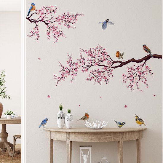 Foto: Stickerkamer muursticker bloesem tak met vogels muurdecoratie wanddecoratie woonkamer slaapkamer boom natuur roze