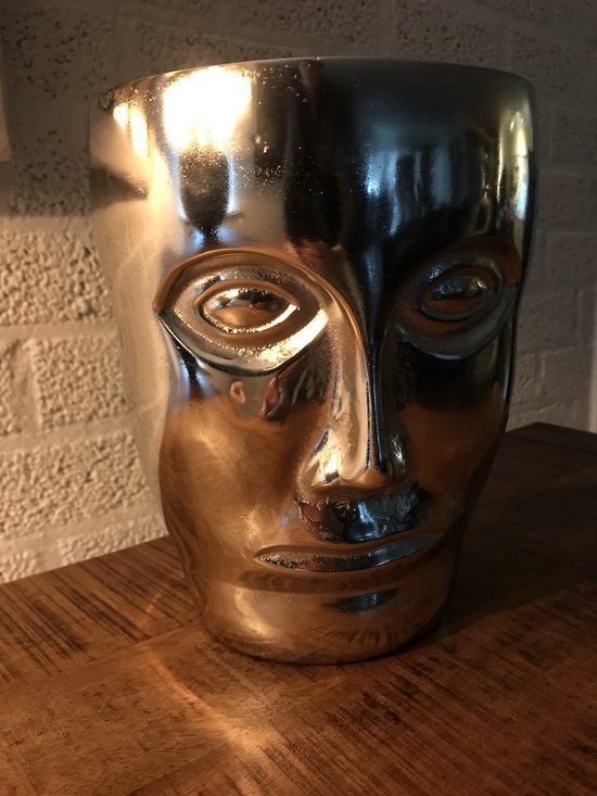 Mooie aluminium vaas - rond in de vorm van een gezicht, nikkel